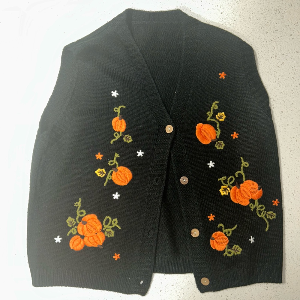 Embroidered Black Vest with Orange Pumpkin Design